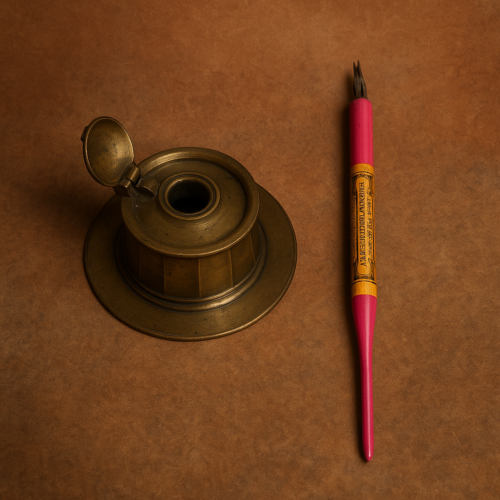 Antique Brass Inkwell with Vintage Dip Pen