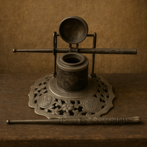 Antique Handcrafted Silver Ink Pot with Pen Holders – 100+ Years Old - Image 3