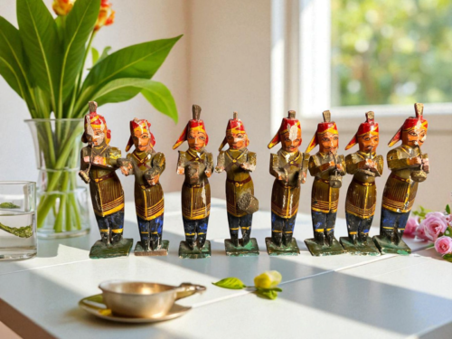 Vintage Wooden Baarat Procession – Hand-Painted Chandras Chapdi Work (Set of 8) - Image 2