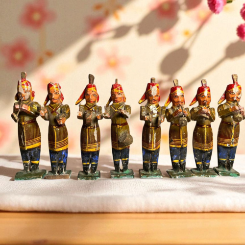 Vintage Wooden Baarat Procession – Hand-Painted Chandras Chapdi Work (Set of 8)