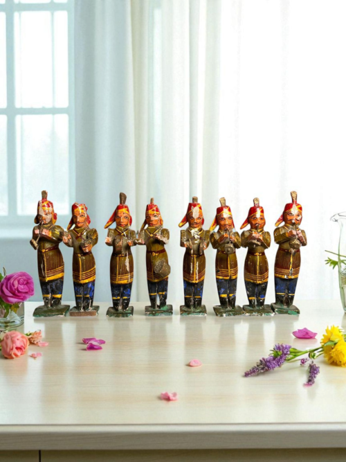 Vintage Wooden Baarat Procession – Hand-Painted Chandras Chapdi Work (Set of 8) - Image 3