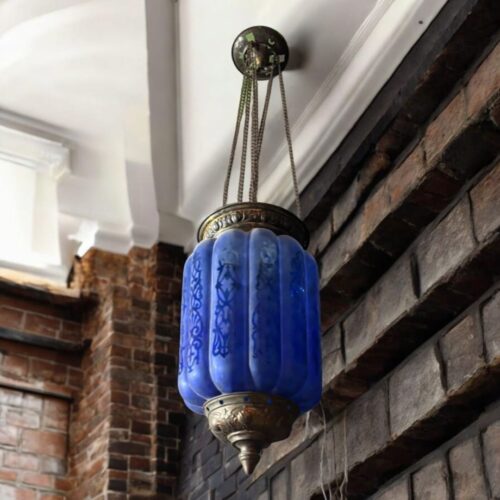 Antique Blue Glass Hanging Lantern with Brass Detailing