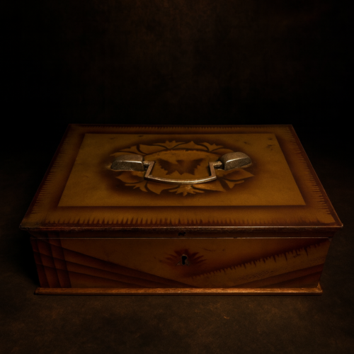 Antique Hand-Painted Iron Box with Original Lock & Key