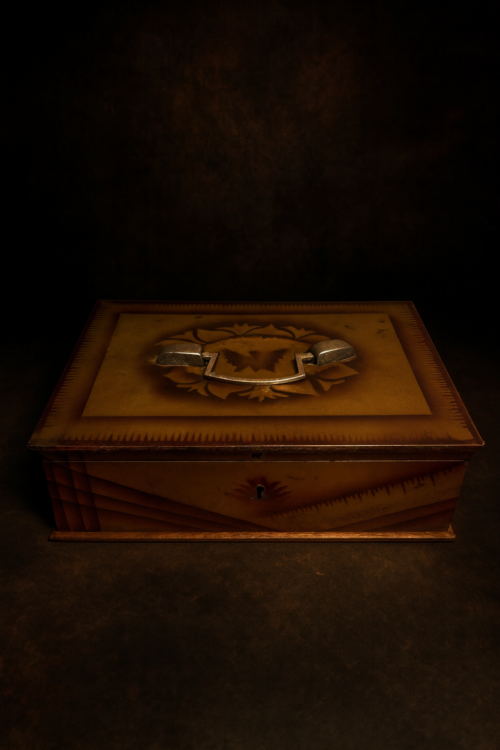 Antique Hand-Painted Iron Box with Original Lock & Key