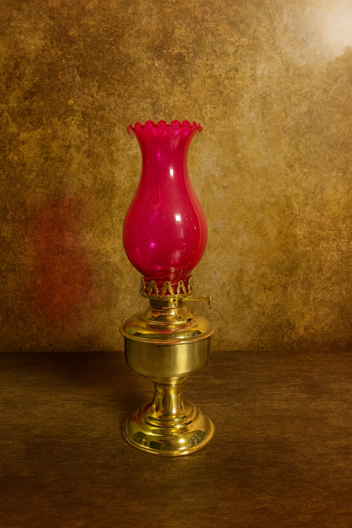 Antique Brass Oil Lamp with Colored Glass Chimney - Image 4
