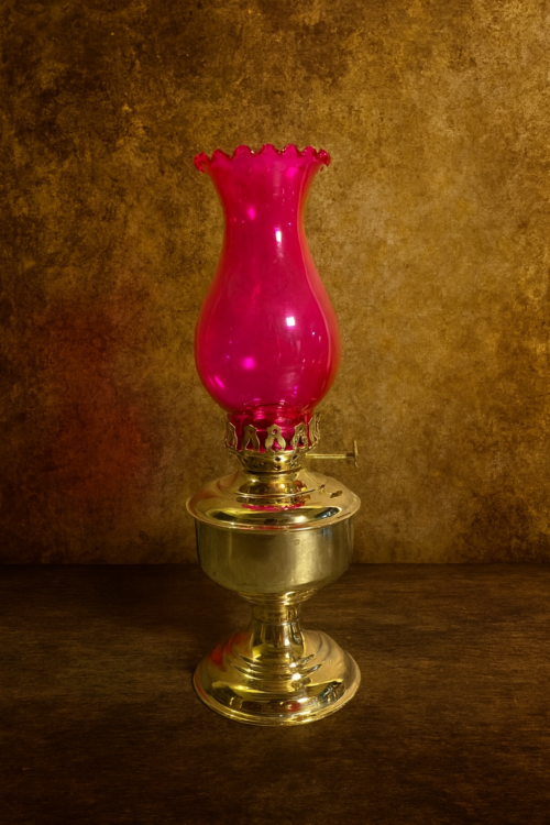 Antique Brass Oil Lamp with Colored Glass Chimney - Image 2