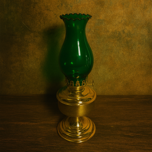 Antique Brass Oil Lamp with Colored Glass Chimney