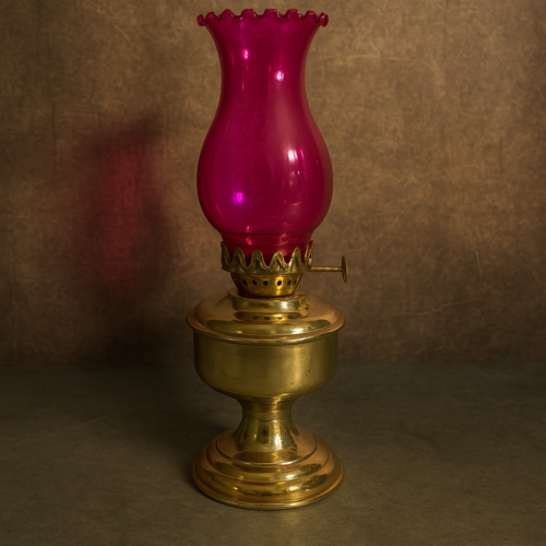 Antique Brass Oil Lamp with Colored Glass Chimney