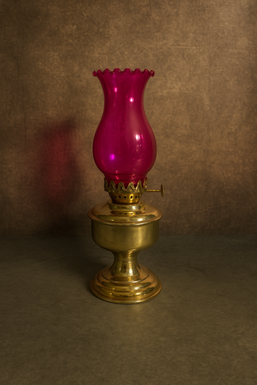 Antique Brass Oil Lamp with Colored Glass Chimney