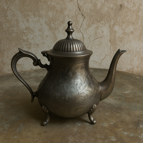 Brass Silver-Polished Hand-Carved Tea Kettle - Image 2