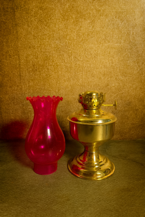 Antique Brass Oil Lamp with Colored Glass Chimney - Image 3