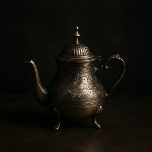 Brass Silver-Polished Hand-Carved Tea Kettle