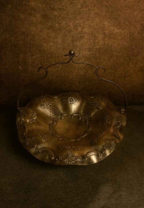 🪔 Antique Large Brass silver polished Decorative Basket – Hand Embossed Floral Work