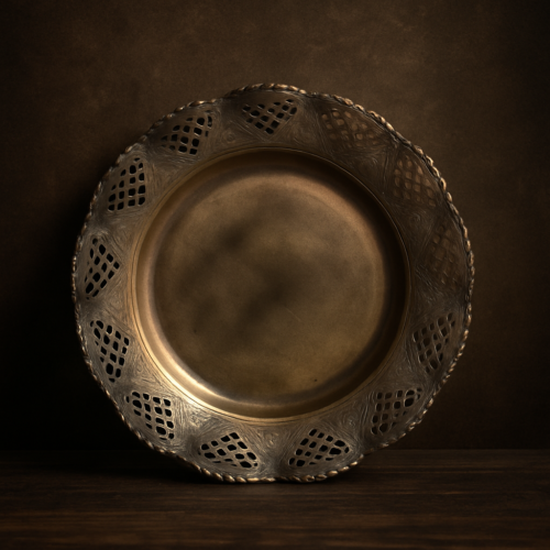 Antique Brass Silver Polished Plate – Hand Carved with Jaali Cutting Work (100+ Years Old)