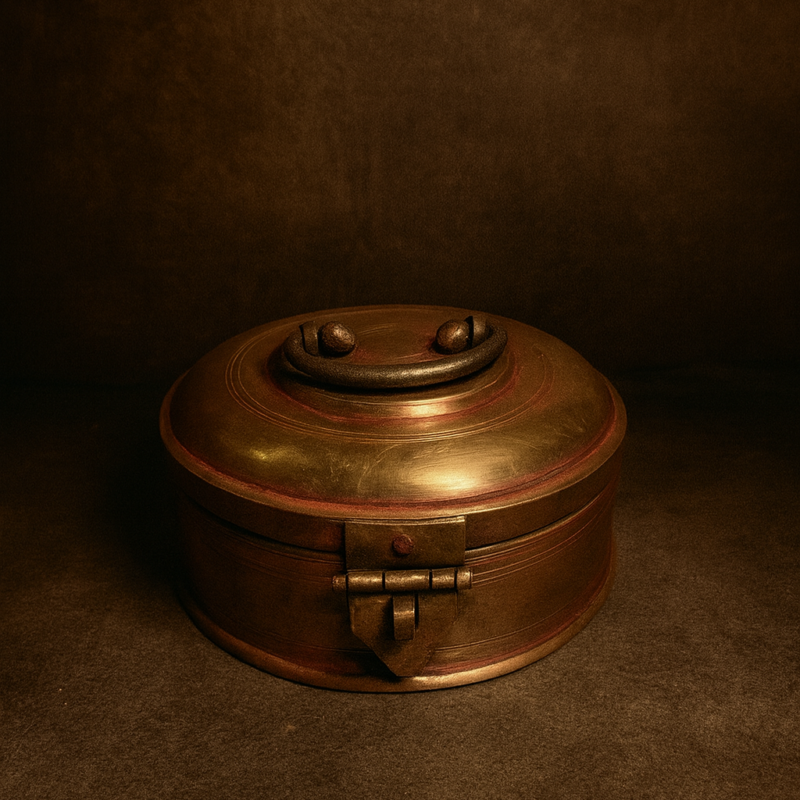 Vintage Brass Round Storage / Jewellery Box | Traditional Handle | Rare Old Collectible