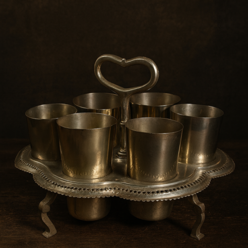 🏺 Antique Brass & German Silver 6-Glass Counter Set