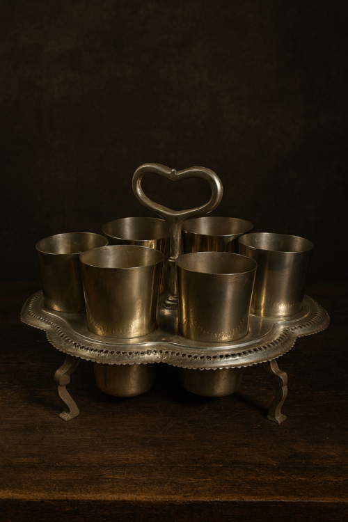 🏺 Antique Brass & German Silver 6-Glass Counter Set