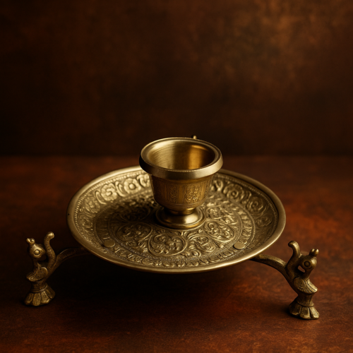 Antique Brass Candle Stand – Silver-Polished, Hand-Carved, with Ornate Peacock Legs