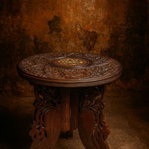 Very Old Hand-Carved Teak Wood Table – Floral Carving & Inlay Work (Heritage Collectible)