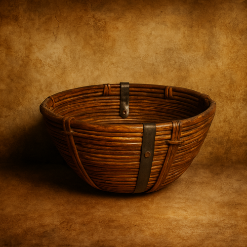 Antique Hand-Woven Tribal Wooden Basket (Iron Strapped) – 100+ Years Old