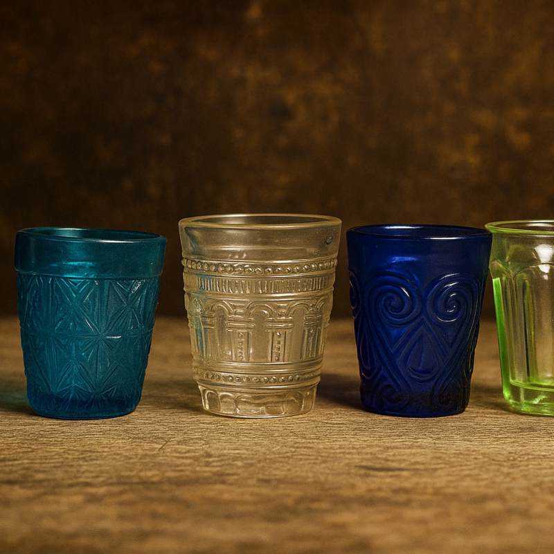 Set Of 4 Vintage Pressed Glass Shot Glasses | Mixed Colors & Patterns