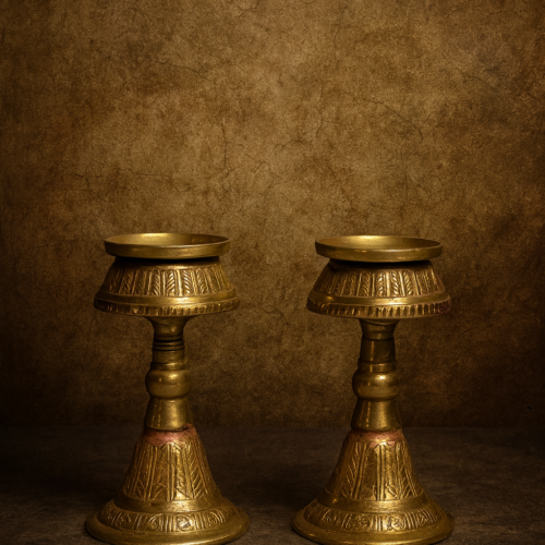 Very Old Heavy Brass Diya Pair – Handcrafted Carved Temple Lamps (Antique Collectible)