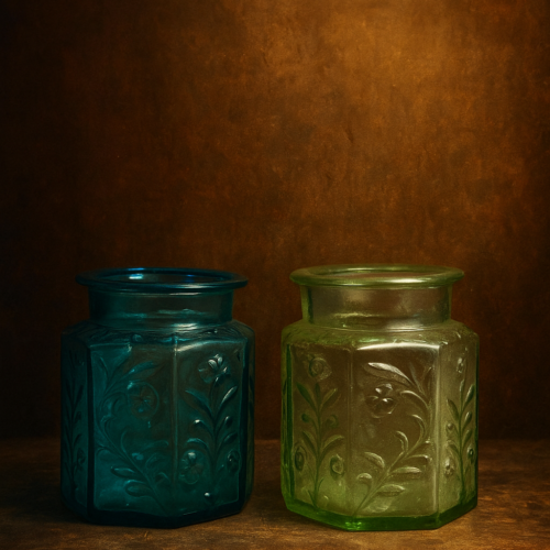 🟦🟩 Set of 2 Vintage Embossed Glass Storage Pots | Blue & Green | Collectible Décor