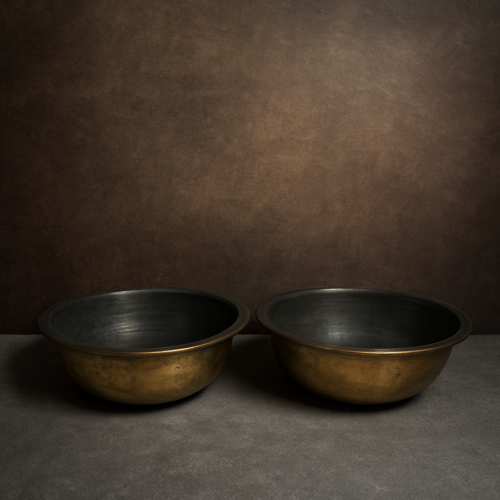 Large Size Pair of Vintage Hand-Crafted Brass Bowls (Traditional Indian | 80–100+ Years Old)