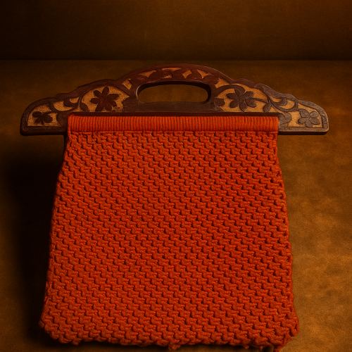 Vintage Handcrafted Wooden-Handled Crochet Purse