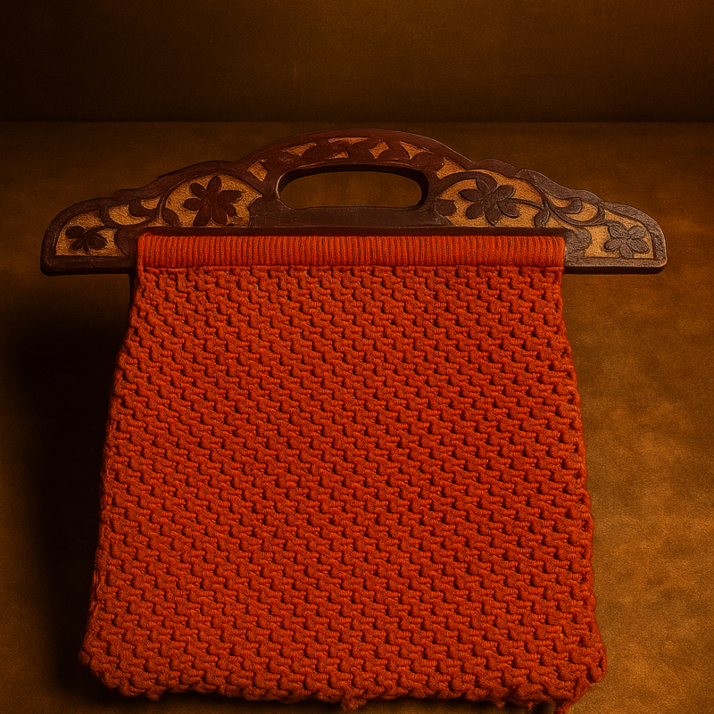 Vintage Handcrafted Wooden-Handled Crochet Purse