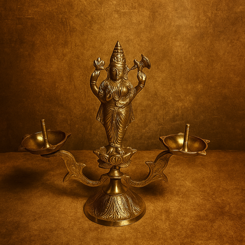 Vintage Brass Lakshmi Light Weight Deepam (Double-Sided Diya)