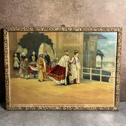 Rare Antique Ravi Varma Press Oleograph (Registered No. 176) – “Their Imperial Majesties and Their Royal Pages” | Anant Shivaji Desai Publication | Original Ornate Frame