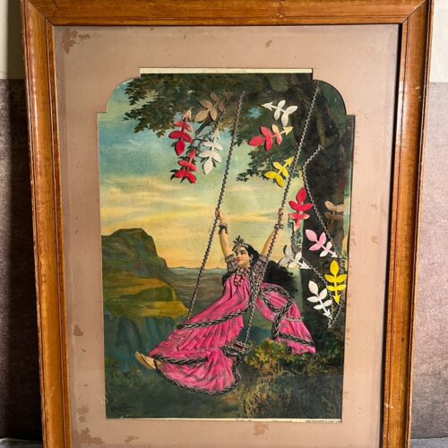 Vintage Ravi Varma Press Embellished Oleograph – “Lady on Swing” (Early 1900s) | Rare Textile-Worked Edition | Original Frame