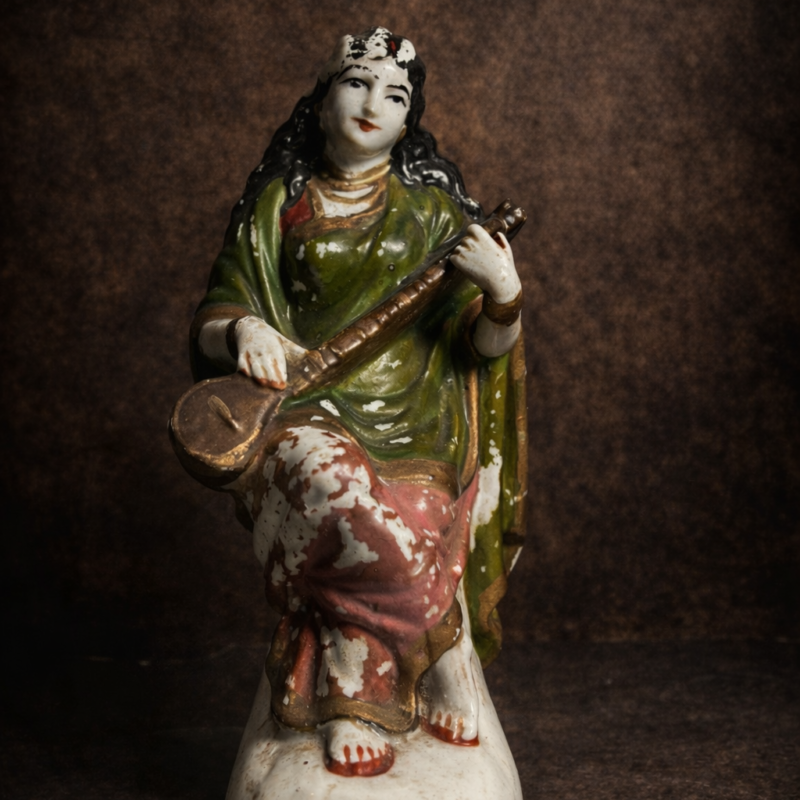 Rare Antique Porcelain Goddess Saraswati Figurine – Ravi Varma Inspired | Hand-Painted Vintage Collectible Idol