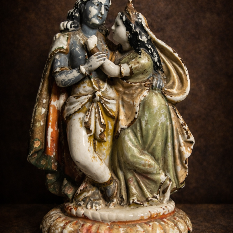 Very Rare Antique Porcelain Radha Krishna Figurine – Ravi Varma Inspired | 9.5 Inches | Museum-Grade Collectible