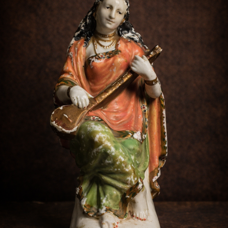 Rare Antique Porcelain Lady Musician Figurine – Ravi Varma Inspired | Vintage Hand-Painted Collectible Idol