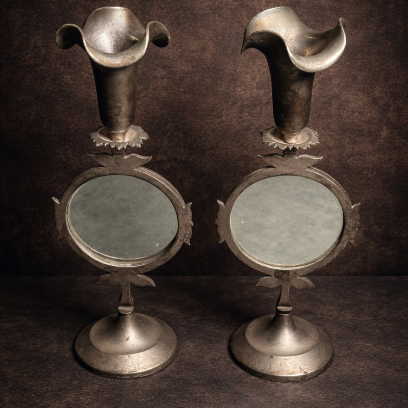 Antique Brass & Silver Polished Candle Stand With Mirror