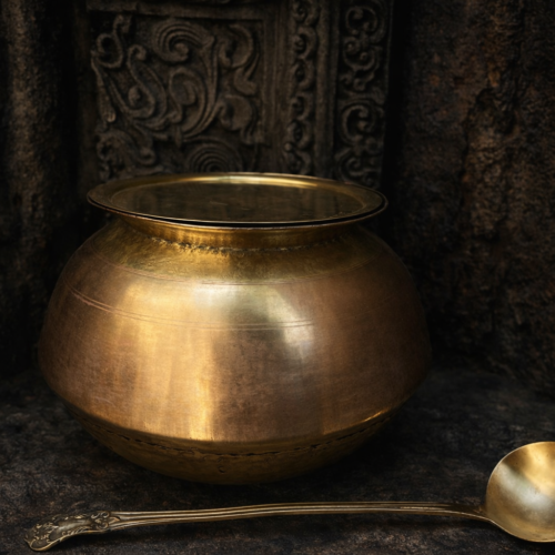 Vintage brass large size haandi with ladle and lid