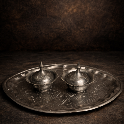 Brass Silver-Polished Churi Supari Daan Set with Carved Plate