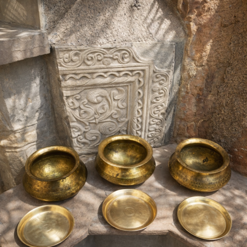 Vintage brass set of 3pcs untouched haandi with lid