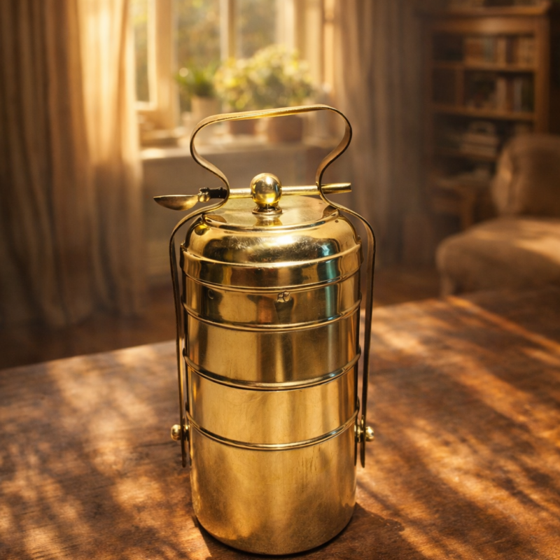 Antique Brass 4 Tier Spoon Lock Tiffin Box