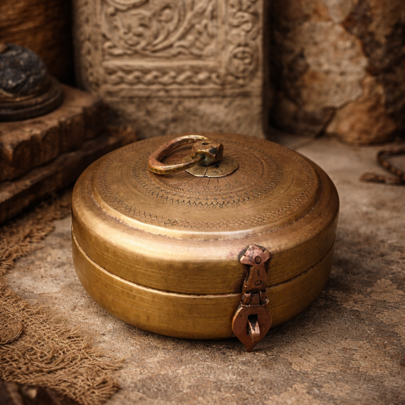 Vintage brass hand carving kadi khunta chappati box