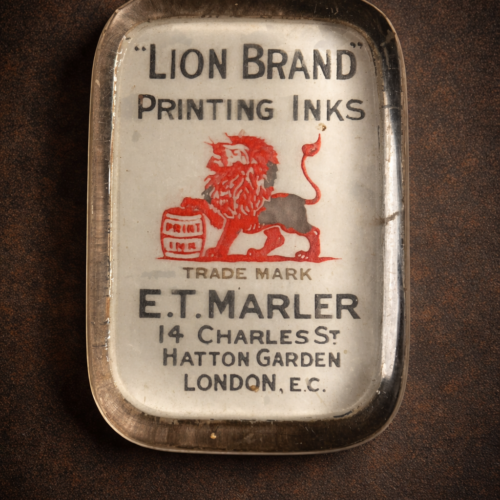 Rare Vintage “Lion Brand” Printing Ink Paperweight / Advertising Glass – E.T. Marler, London