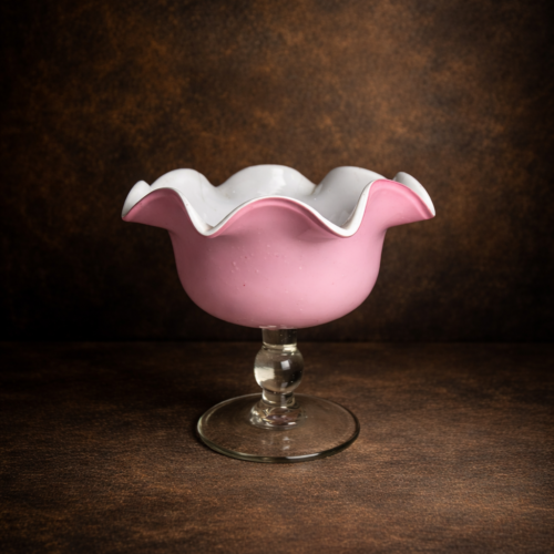 Vintage Opaline Glass Pedestal Bowl – Ruffled Rim (Pink & White)