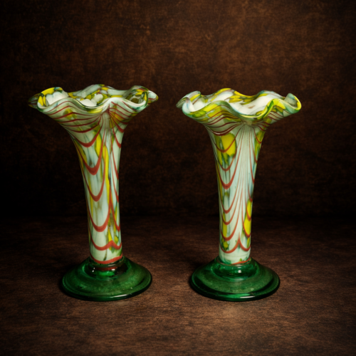 Vintage Hand-Blown Art Glass Tall Vases (Pair) – Ruffled Rim Design