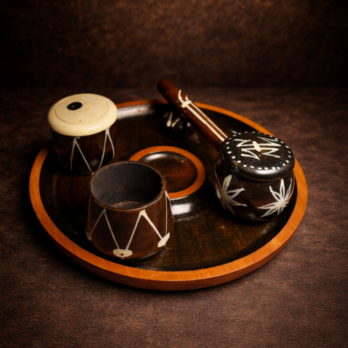 Vintage Handcrafted Wooden Baby Toy Set with Tray – Tribal Painted Antique Toy (70–90 Years Old)