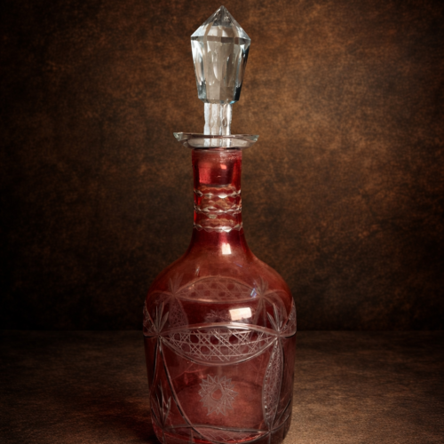 Antique Ruby Overlay Cut Glass Decanter with Original Stopper