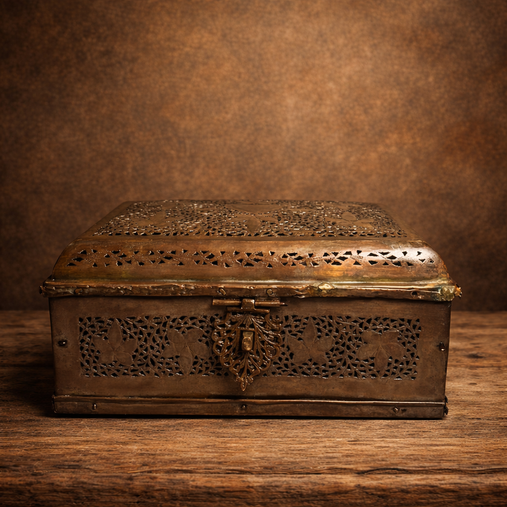 120+ Years Old Hand-Cut Jaali Brass Paan Daan with Inner Compartments