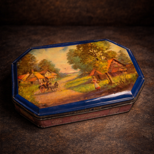 Vintage “Dalima” Biscuit Tin – Countryside Artwork (Octagonal Shape)