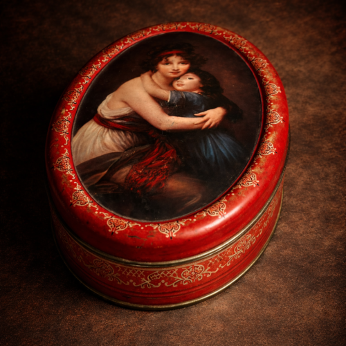 Rare Vintage Morton’s Oval Tin Box with Mother & Child Artwork – Collectible Storage Box
